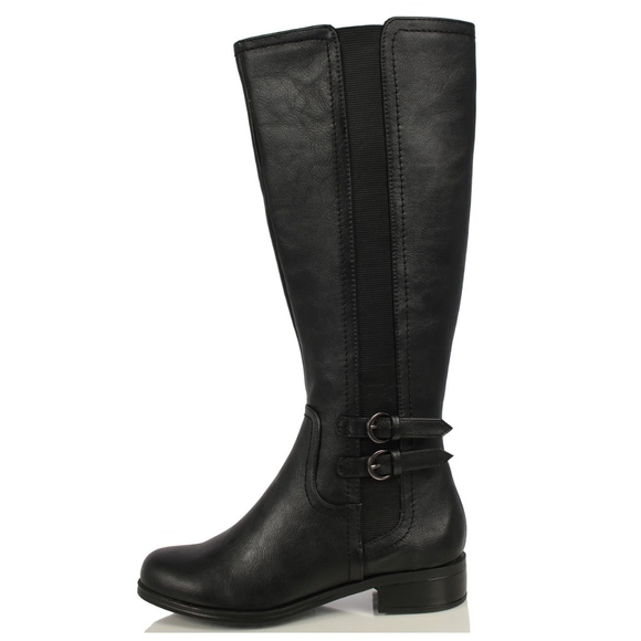 Black Faux Leather Elastic Side Knee High Boot - Picture 3 of 6